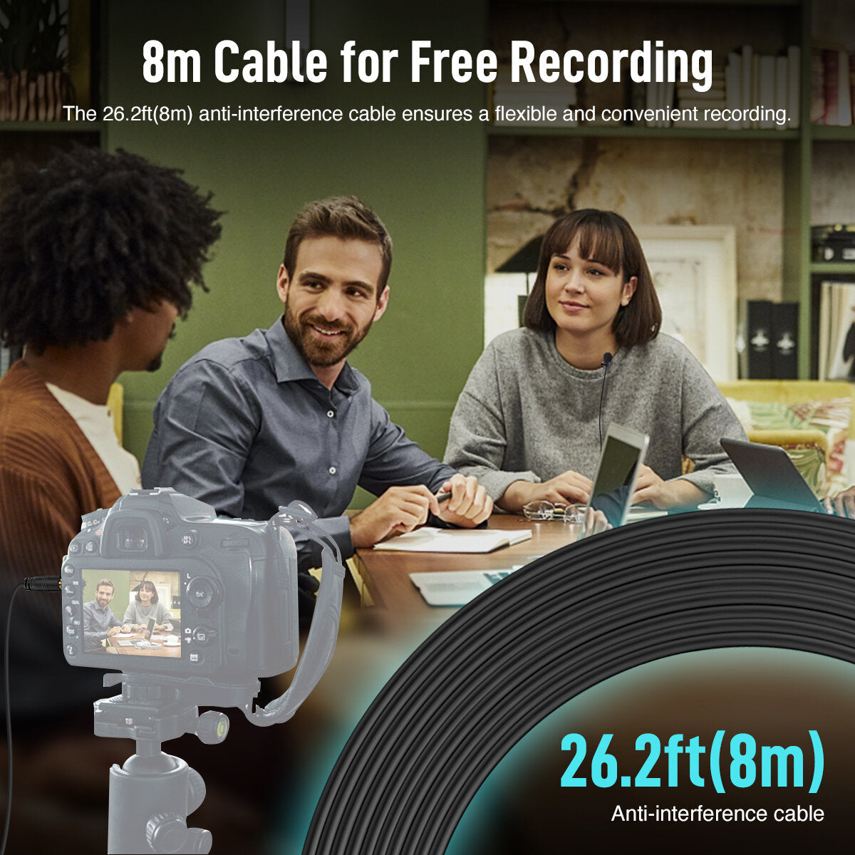 Omnidirectional Condenser Lavalier Microphone with 8M Long Cable for Smartphone Camera Tablet Recording