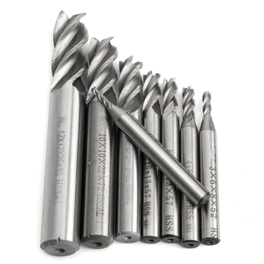 8pcs 2-12mm 4 Flute End Mill Cutter HSS Straight Shank Milling Cutter CNC Tool