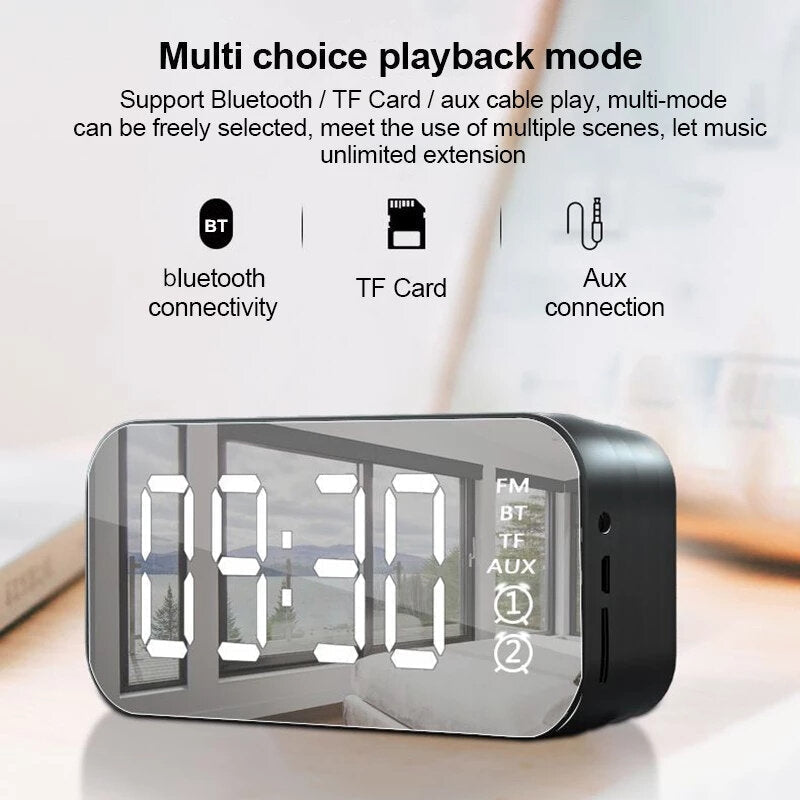 Wireless Bluetooth Speaker Mini LED Double Alarm Clock FM Radio TF Card AUX Soundbar Subwoofer with Mic