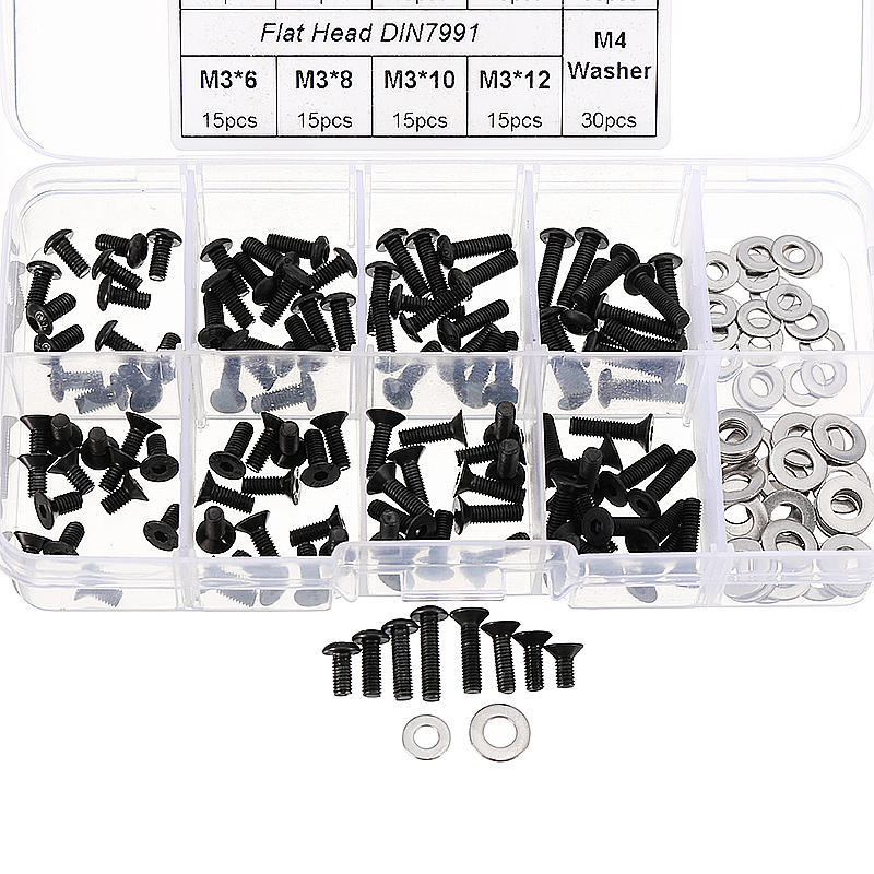 M3CH8 M3 Carbon Steel Hex Socket Flat Head Button Head Screws Flat Washers Assortment 180pcs