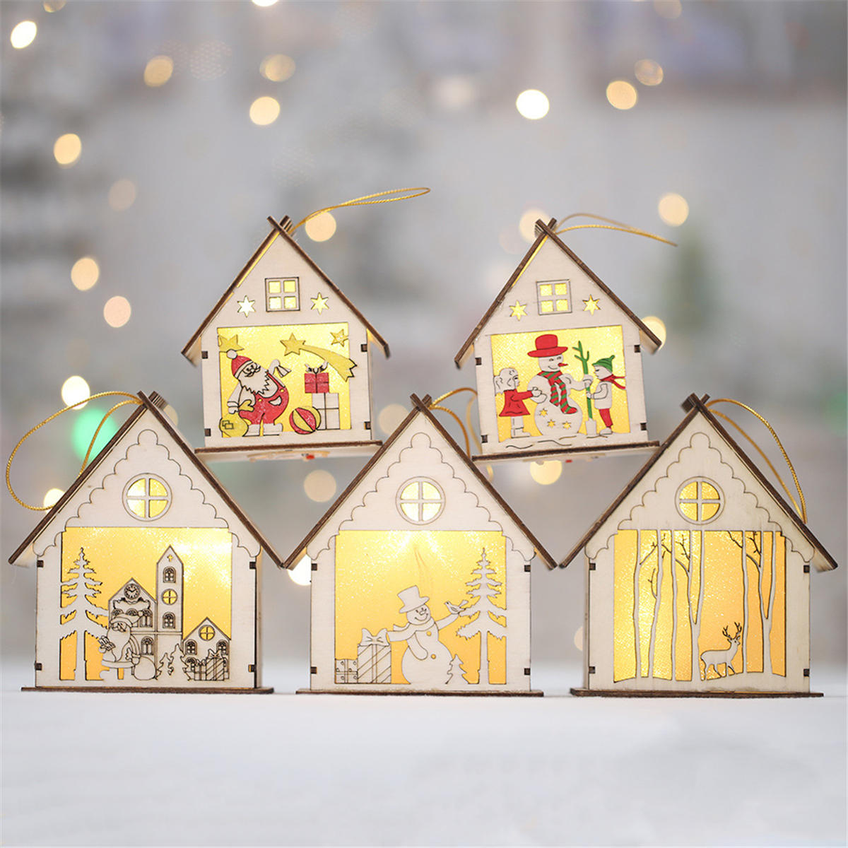 Christmas Light Decoration LED Wood House Light Cabin Santa Claus Tree Hanging Ornaments Holiday Decoration