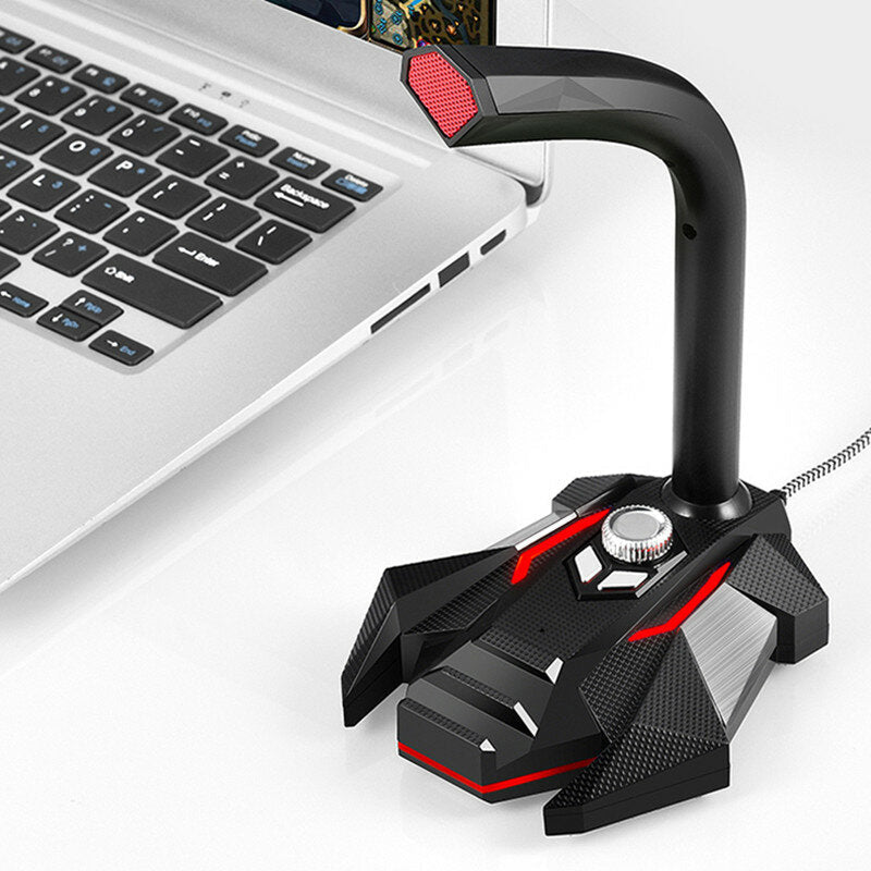 Multifunctional USB 3.5mm LED Wired Omnidirectionnel Game Microphone with Dual Mics HD Smart Sound Card for Computer Laptop