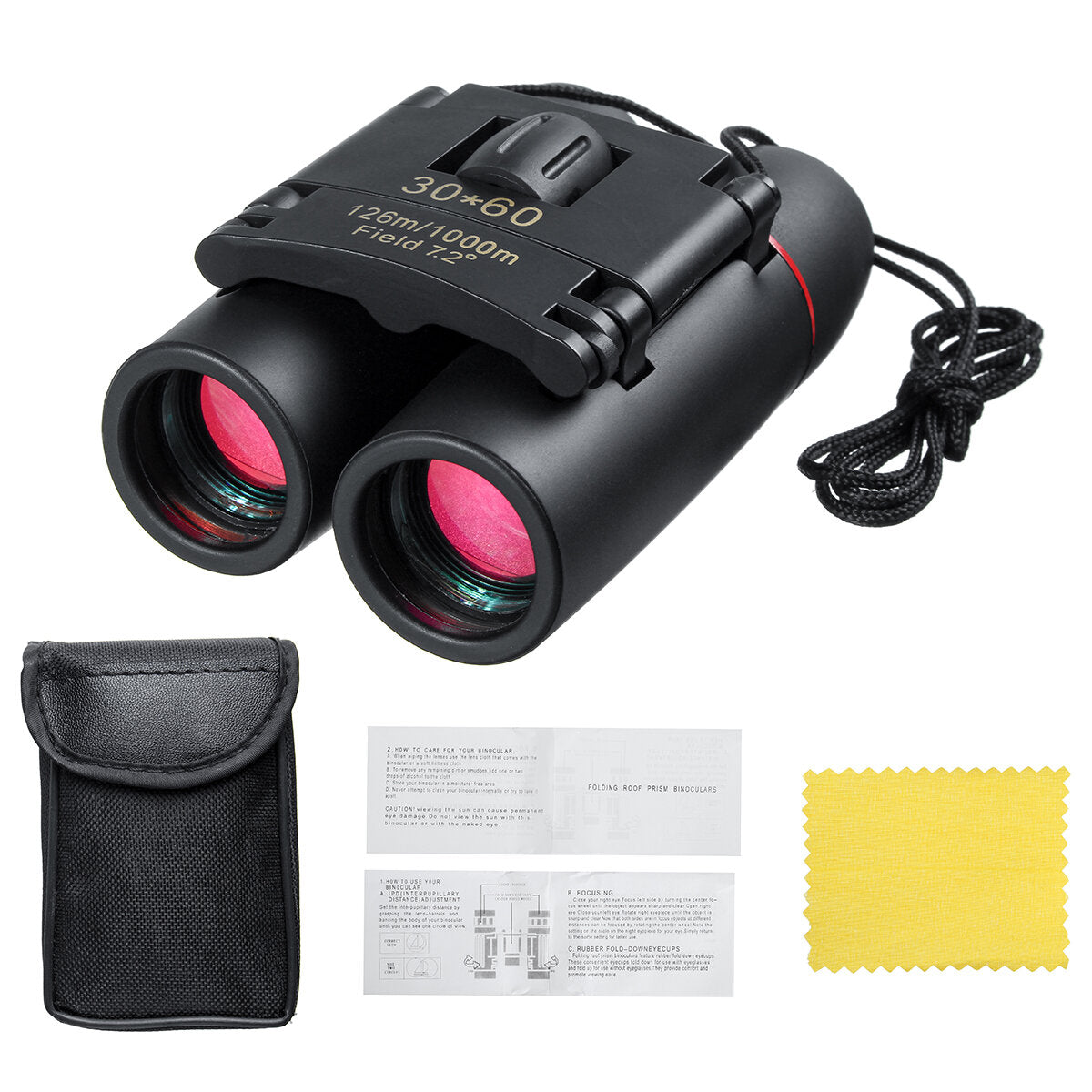 30x60 Folding Binoculars Day Low Light Night Visible 126m 1000m Easy Focus Telescope For Outdoor Camping Hiking Travel Shooting
