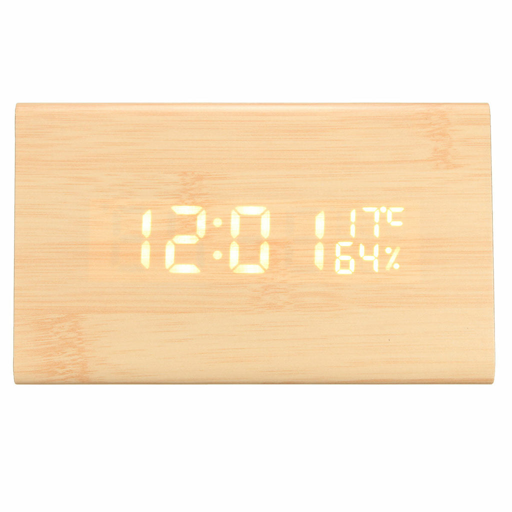 USB Voice Control Wooden Wooden Triangle Temperature LED Digital Alarm Clock Humidity Thermometer