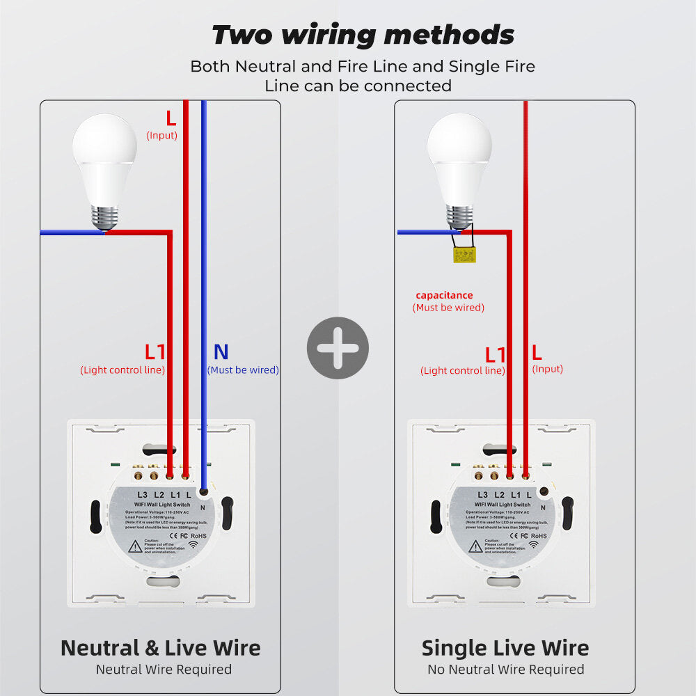 WiFi Light Switch 220V RF433 Remote Control No Neutrual Wire And Have Neutural Wire 2 Way Control Timer Works With Alexa Google Home
