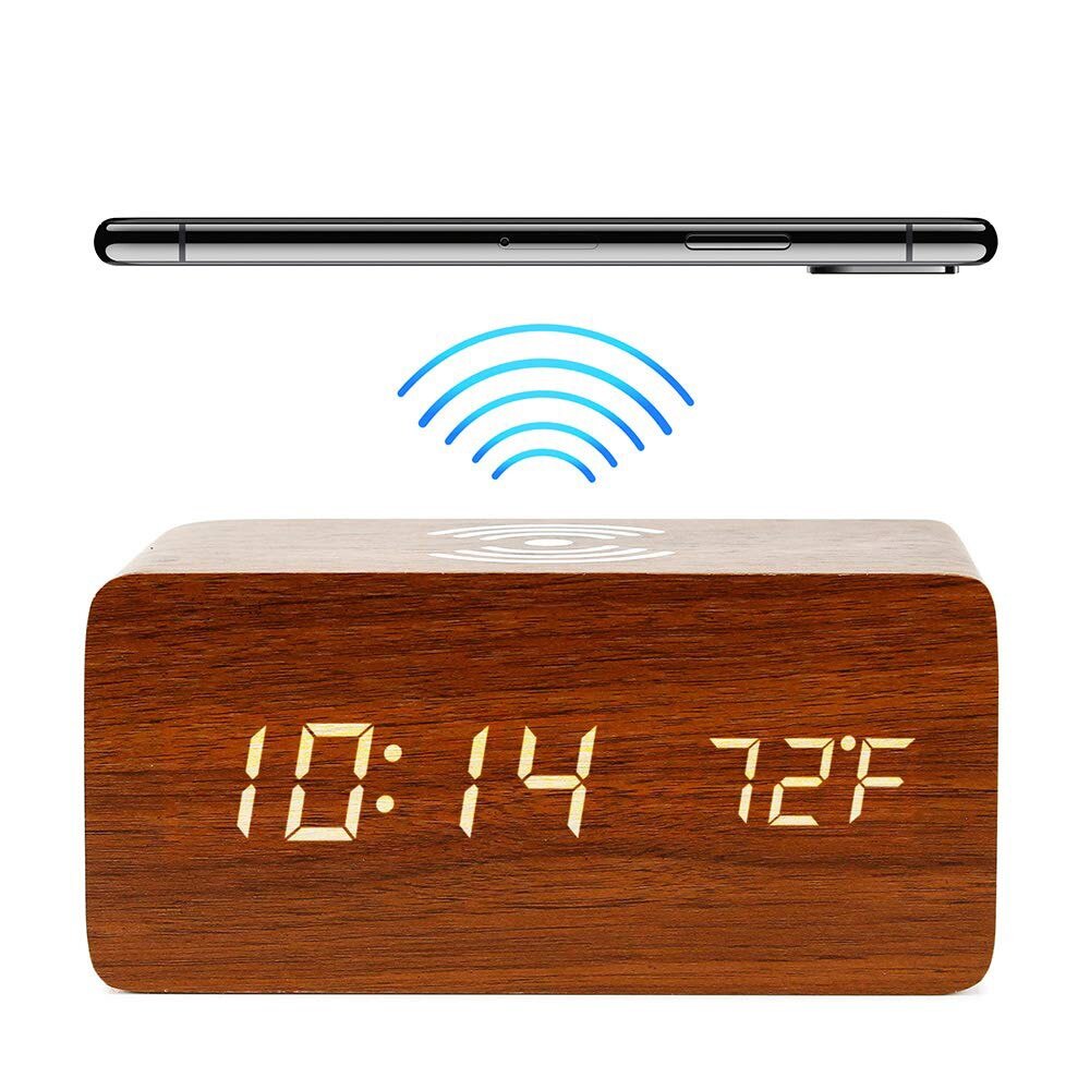 LED Digital Alarm Clock Creative Multi-functional Wireless Charging Wooden Snooze Clock