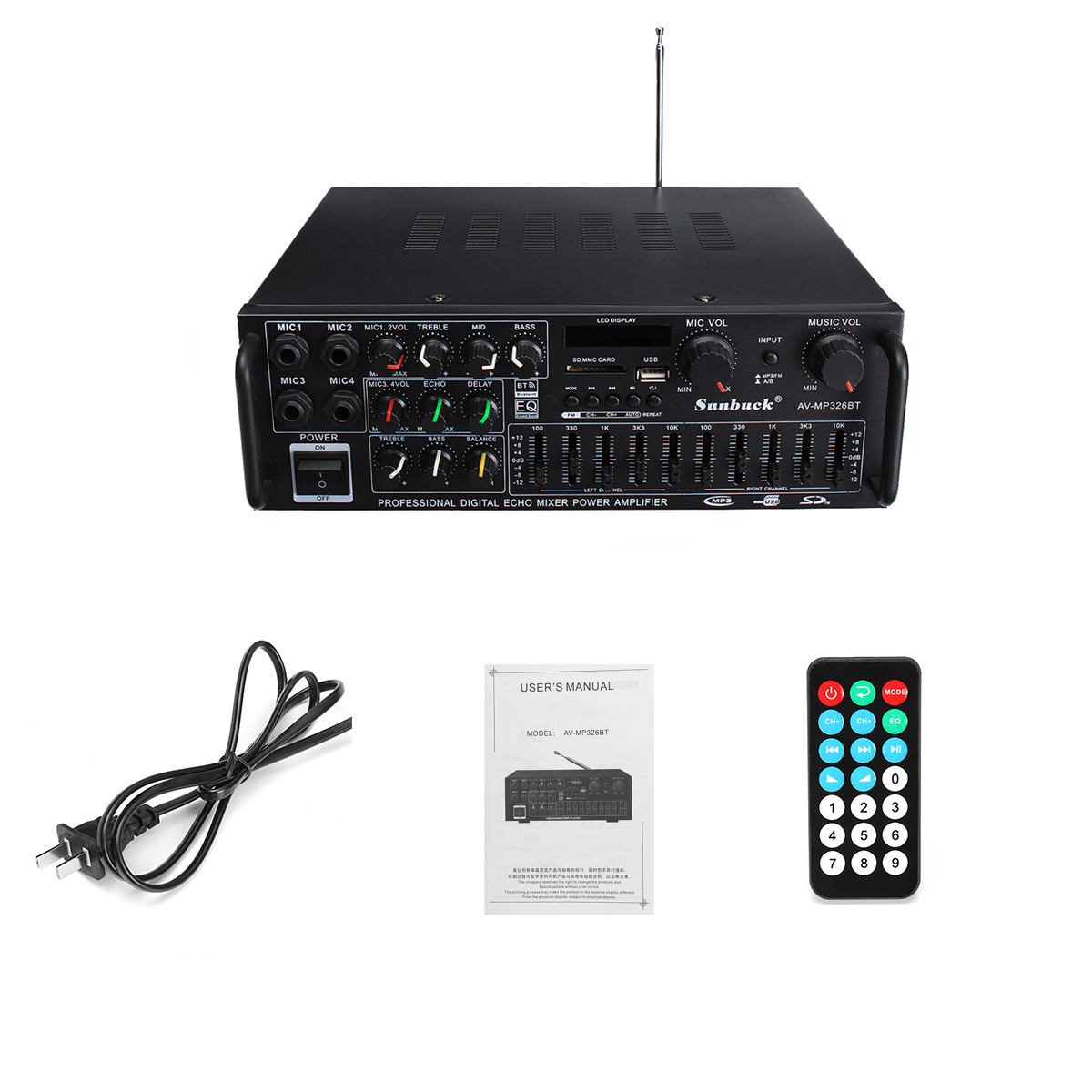 Stereo Amplifier 2 Channel Hi-Fi Audio Power Amplifier Remote Control USB SD FM 220V EU Plug