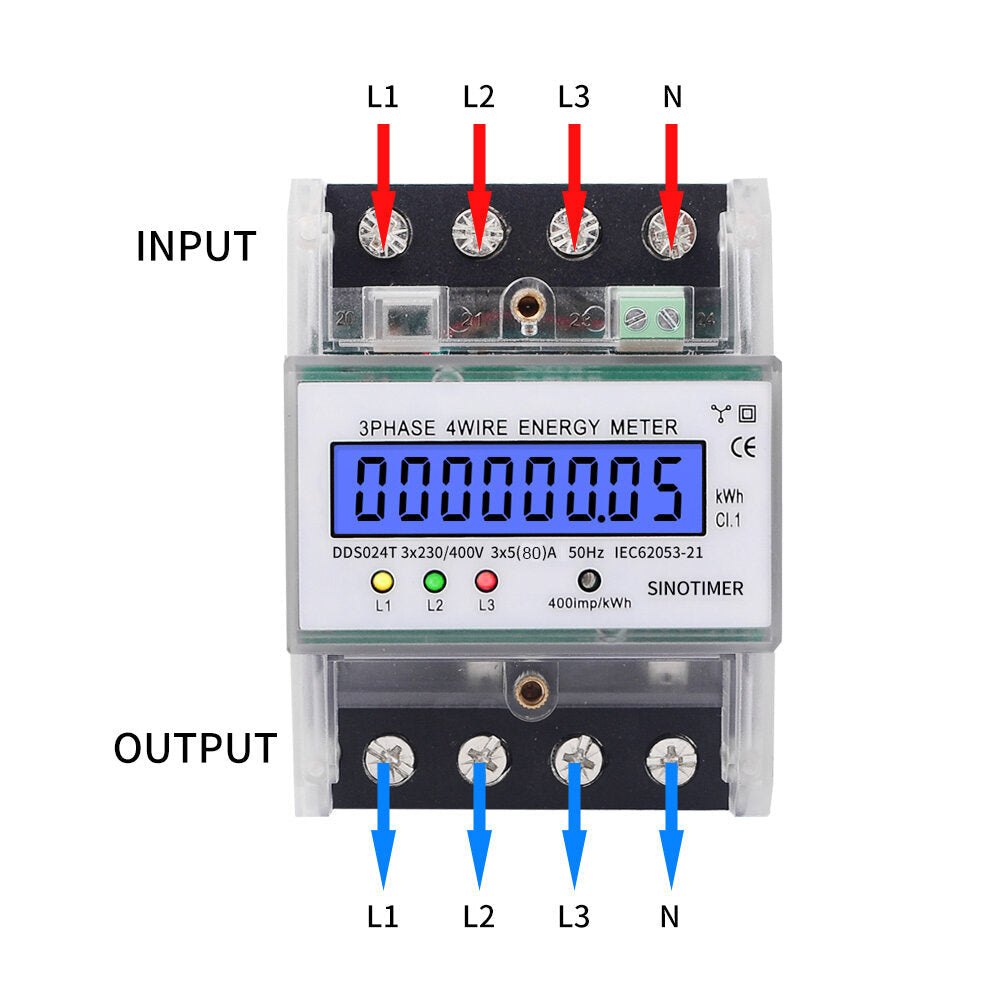 Electronic Watt Power Energy Meter 380V 80A 3 Phase 4 Wire Wattmeter kWh LCD Backlight Display With Transparent Cover
