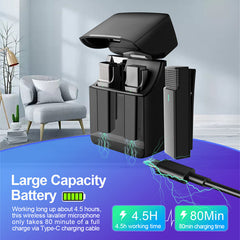 Wireless Lavalier Microphone with Charging Compartment 2.4GHz 300m Range Mic for Recording Vlog Youtube Live
