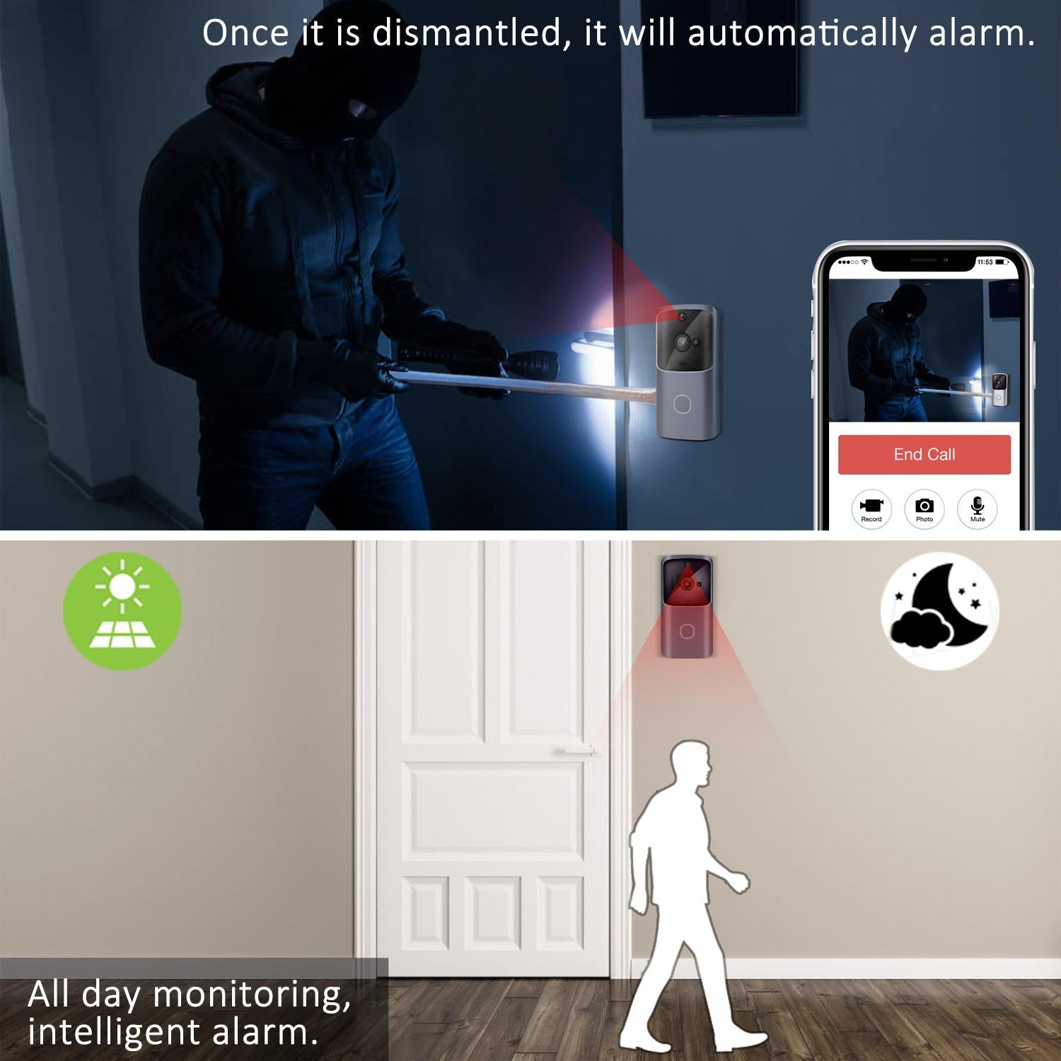 720P 166 Wide View Two-way Audio Smart WIFI Video Doorbell Smart Home PIR Alarm Monitor