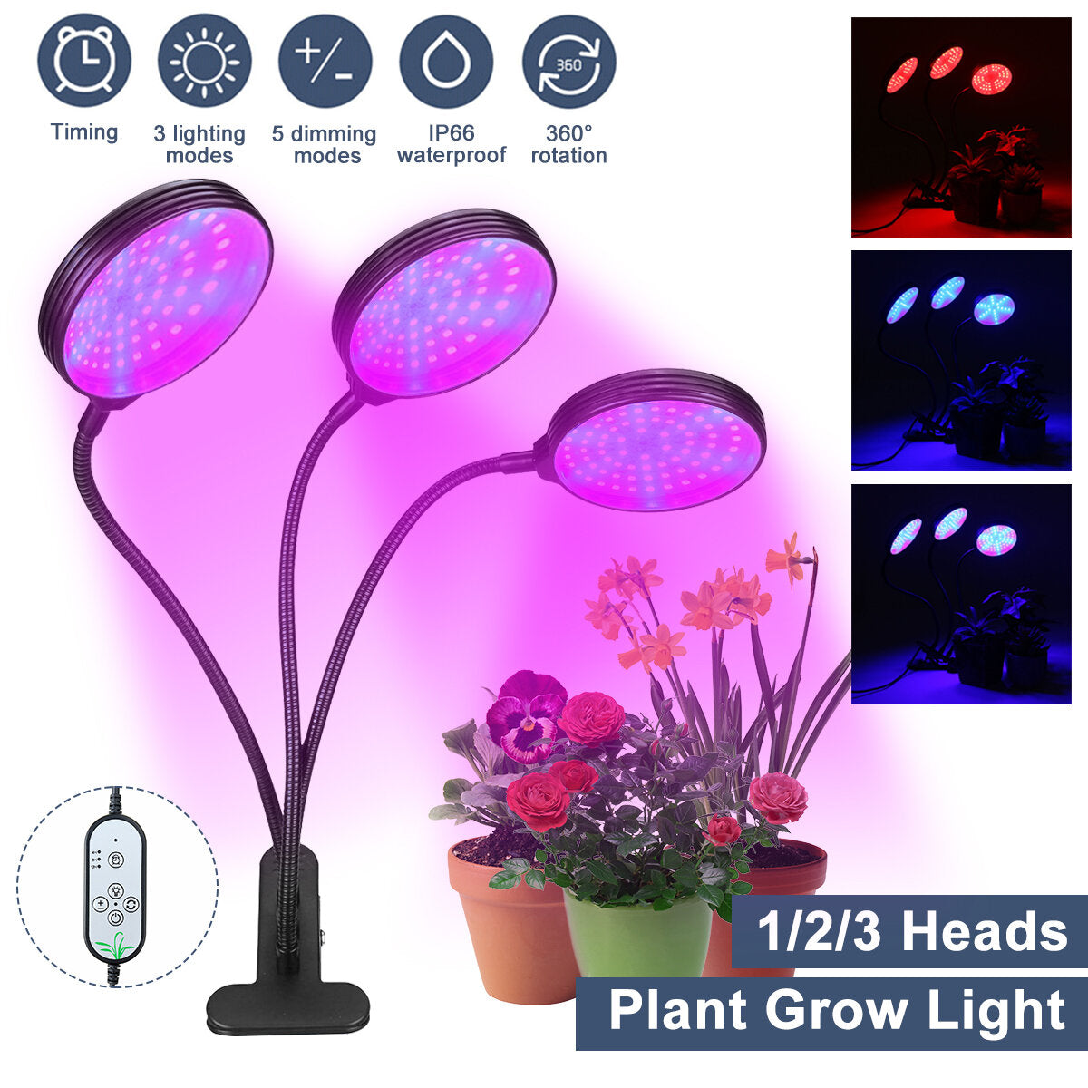 1/2/3 Head Plant Grow Light Head LED Lamp Hydroponics Greenhouse Garden 360 Flexible Indoor Dimmable