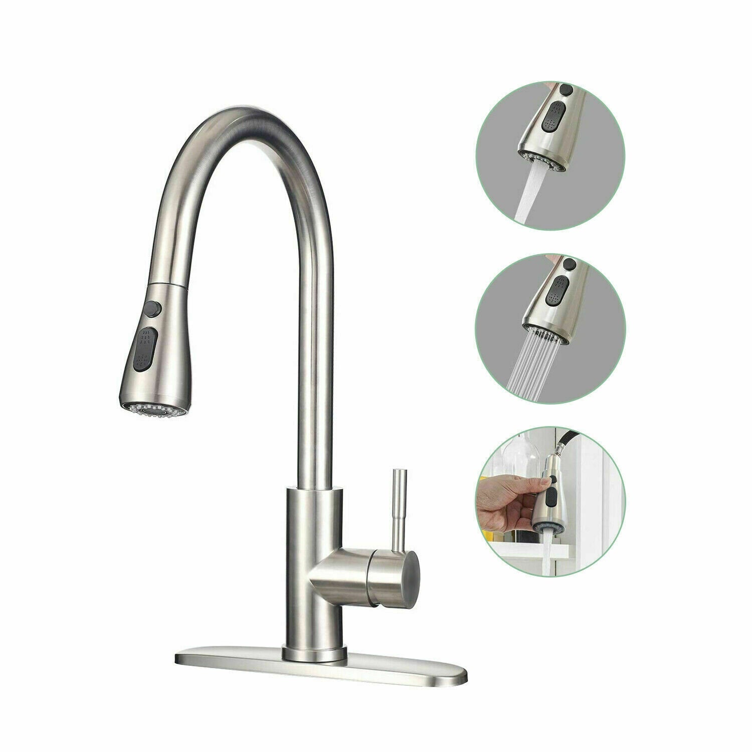 Kitchen Faucet With Pull Down Sprayer Brushed Nickel High Arc Single Handle Stainless Steel Hot Cold Mixer Tap Commercial Modern