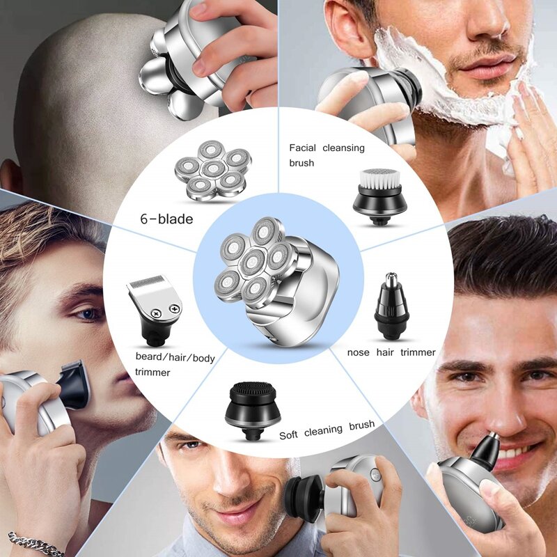 6 IN 1 4D Rotary Electric Shaver Rechargeable Bald Head Shaver LED Display Beard Trimmer