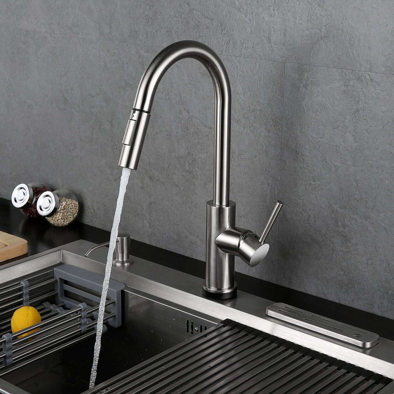 Pull Out Kitchen Faucet 304 Stainless Steel Tap Swivel 360 Degree Splash Proof Sink Hot And Cold Mixer