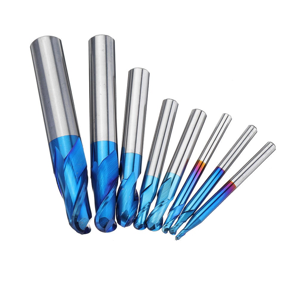 8PCS HRC55 Blue Nano Tungsten Carbide Ball Nose End Mill Set R1-R6 Milling Cutter CNC Router Bits