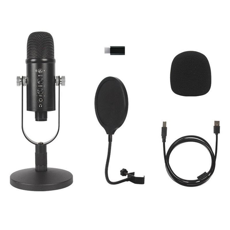 Condenser Microphone Hi-Fi DSP Noise Reduction Reverberation Adjustable Built-In Sound Card USB Wired for YouTube Broadcast Recording Gaming