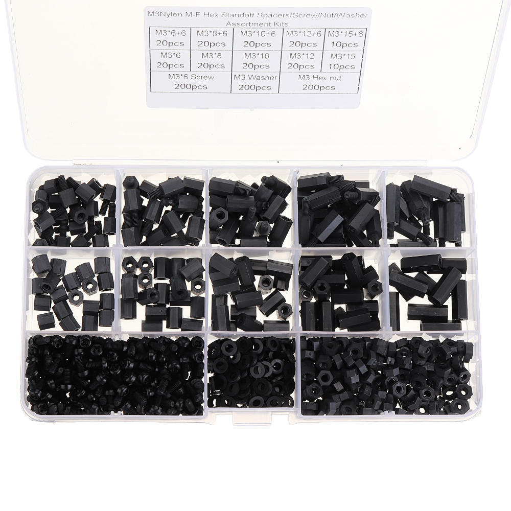 M3NH17 780Pcs M3 Nylon Screw Black Hex Screw Nut PCB Standoff Spacer Column Assortment Kit