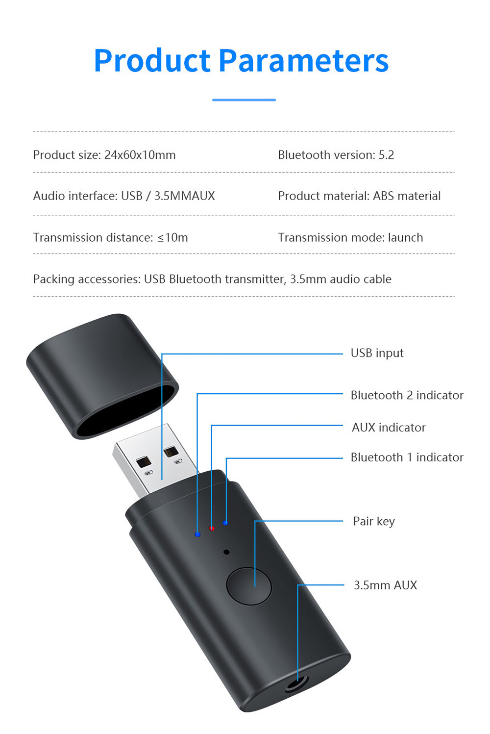 USB Wireless Audio Transmitter Bluetooth 5.2 Adapter Transmitter Bluetooth Supports TV/Computer Audio Transmission