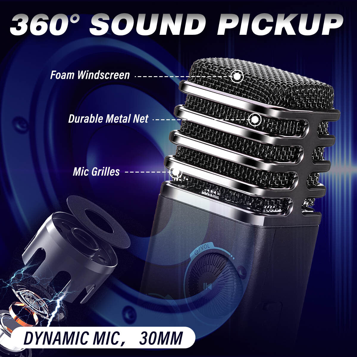 3-IN-1 Bluetooth Microphone 2*10W Hi-Fi Stereo Wireless Speaker 4000mAh Portable Karaoke Mic Recorder