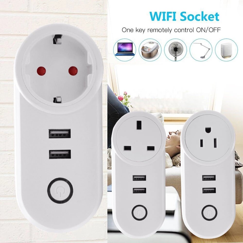 WiFi Switch Smart Socket Dual USB Ports Outlets UK US EU FR Plug APP Remote Control Works with Alexa Google Home