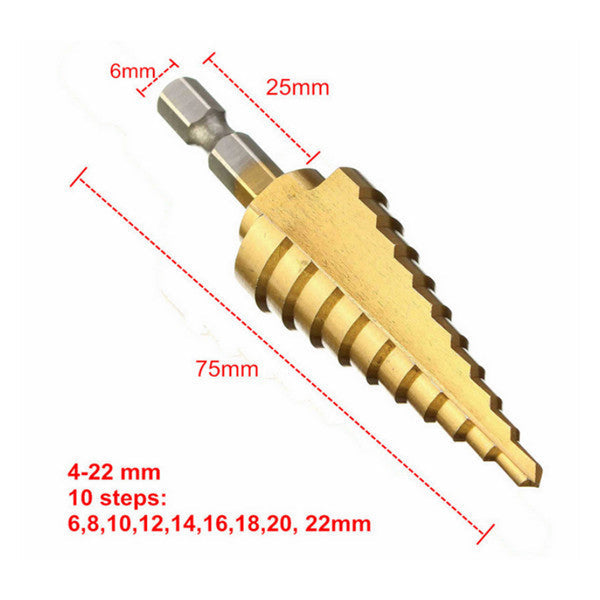 4-22mm Hex Shank Step Cone Drill Bit HSS Titanium Coated Hole Cutter