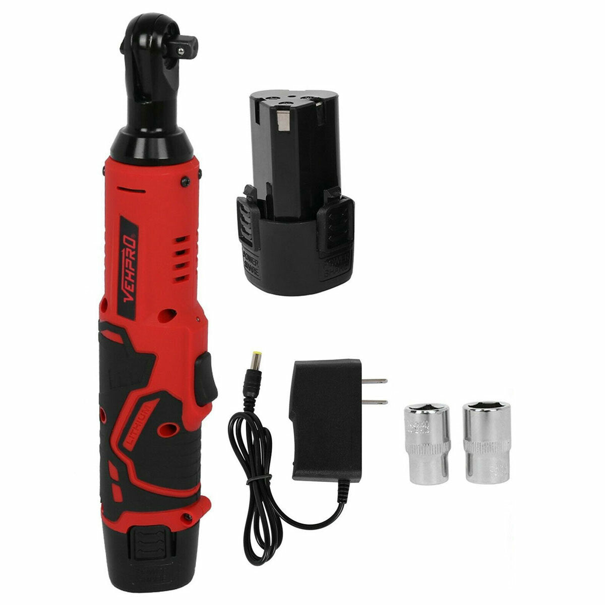 18V 45NM Cordless Eletctric Ratchet Wrench 3/8 Inch Li-ion Battery Powered Right Angle Wrench With 2Pcs Sockets 2 Batteries With LED Light