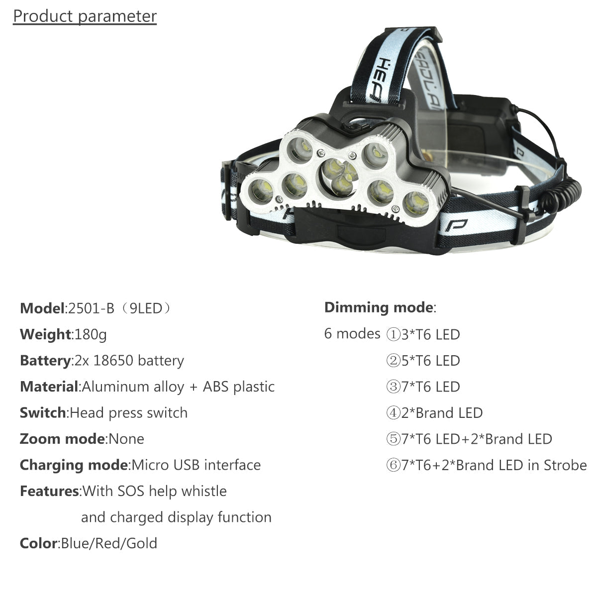6-Modes 7xT6+2xQ5 LED Head Lamp USB Rechargeable Camping Head Torch With SOS Whistle Function