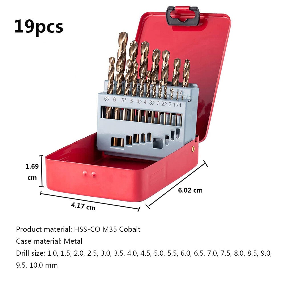 M35 Cobalt Drill Bit Set HSS-Co Jobber Length Twist Drill Bits with Metal Case for Wood Metal Drilling