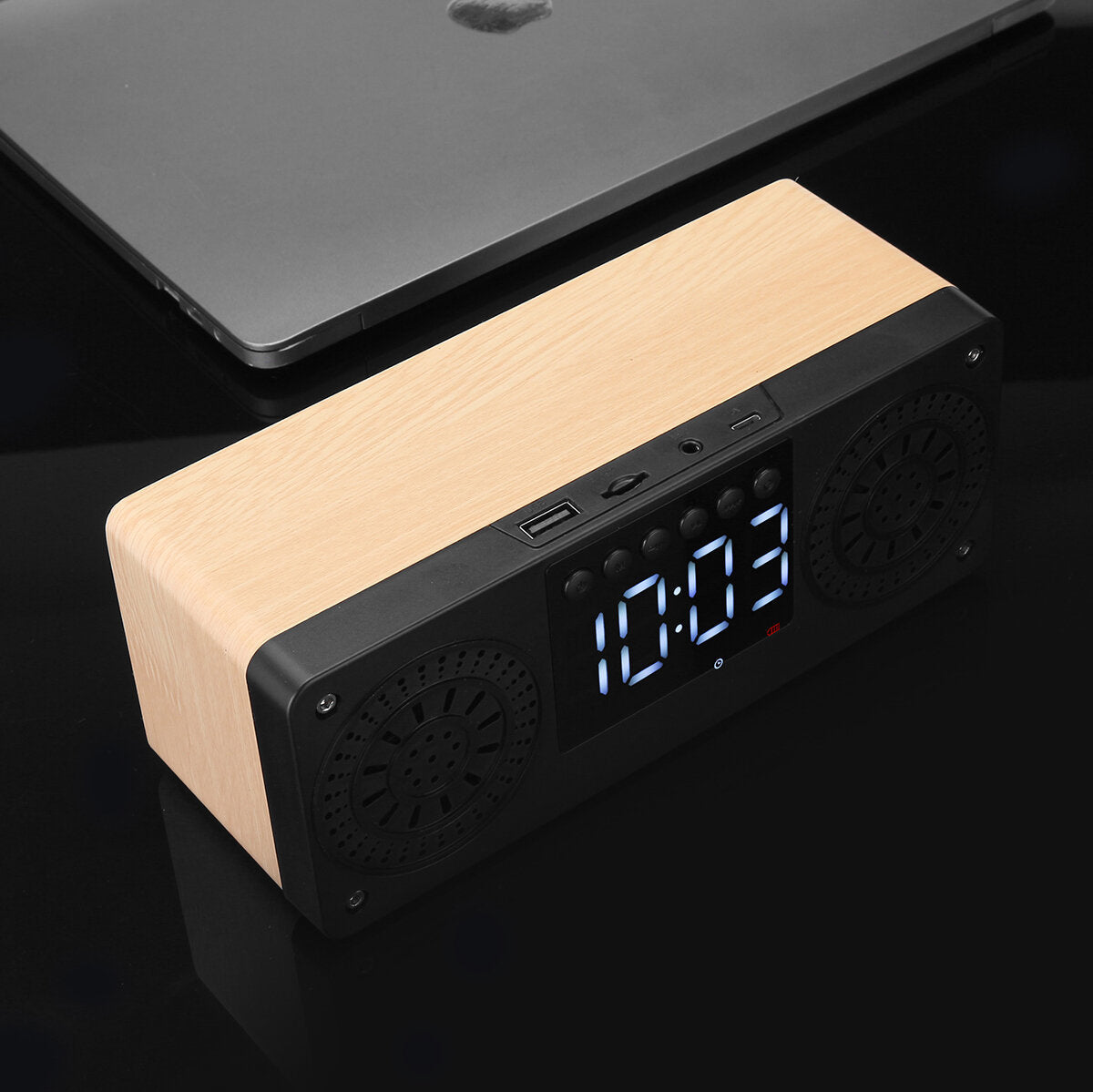 Bluetooth 5.0 Wooden Speaker Alarm Clock Support TF Card/USB/AUX/ FM Radio
