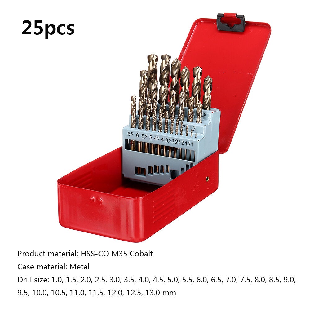 M35 Cobalt Drill Bit Set HSS-Co Jobber Length Twist Drill Bits with Metal Case for Wood Metal Drilling