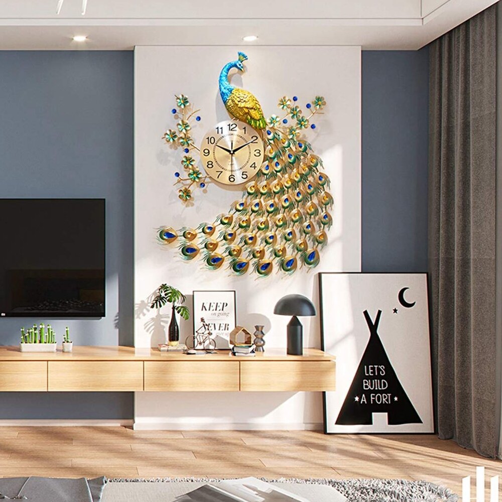75CM Luxury 3D Peacock Diamond Large Wall Clock Modern Art Quartz Home Decoration