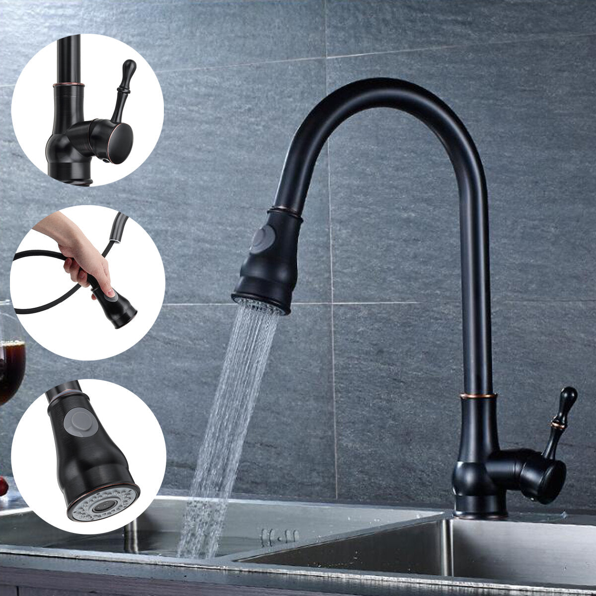 Kitchen Sink Faucet Pull Out Sprayer 360 Rotate Single Handle Mixer Tap Copper