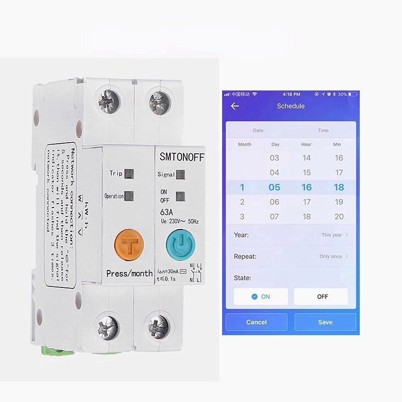 Single Phase Din Rail WIFI Smart Switch Energy Meter Leakage Protection Remote Read KWh Meter Wattmeter Works with Alexa Google 2P 63A