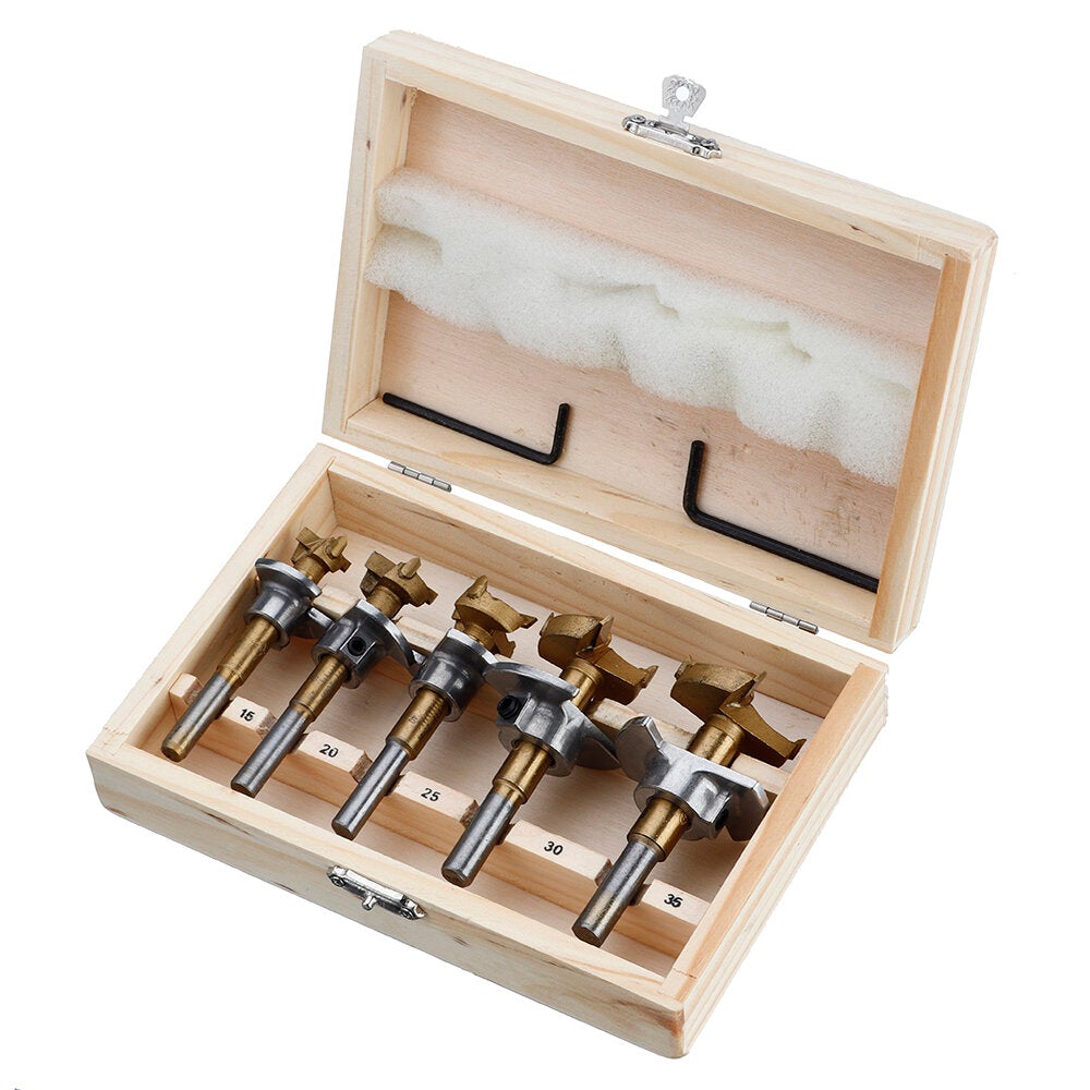 5PCS 15/20/25/30/35mm Forstner Drill Bit Set Titanium Coating Wood Auger Cutter Positioning Hole Saw Cutter Hinge Hole Opener