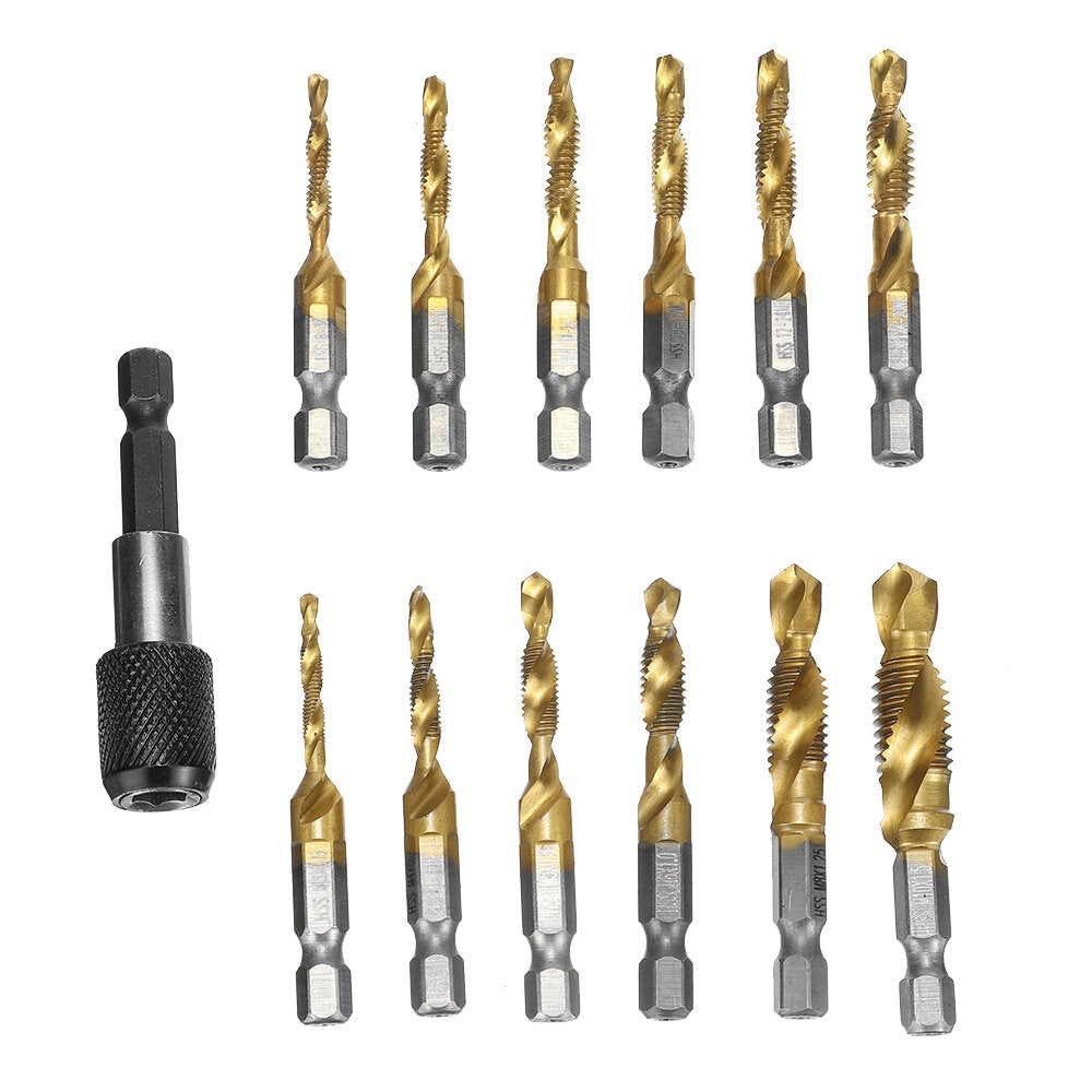 13pcs M3-M10 Metric Screw Thread Tap Drill Bits Set Hex Shank Bit Compound Hand Tools with Joint Rod