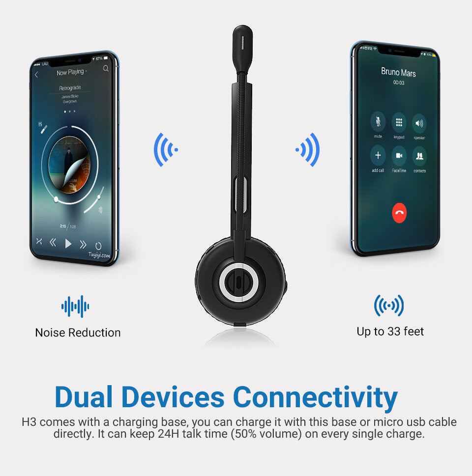 Bluetooth 5.0 Headphones Hands-free With HD Mic Charging Base Wireless Skype Headsets For Trucker Drivers Call Office