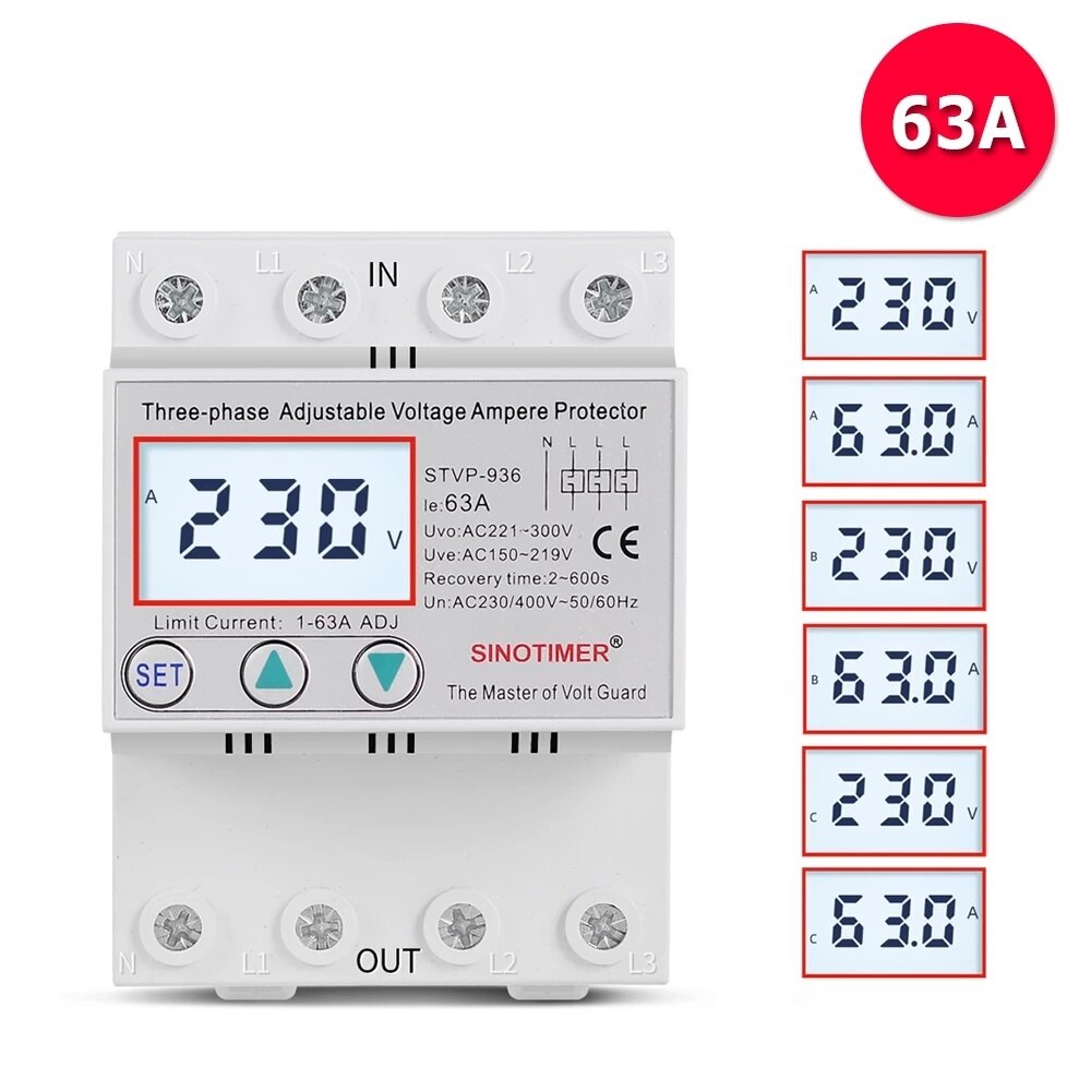 Multifunctional Over Under Voltage and Over Current Protection Device Automatic Recovery Voltage Relay,230V AC 63A
