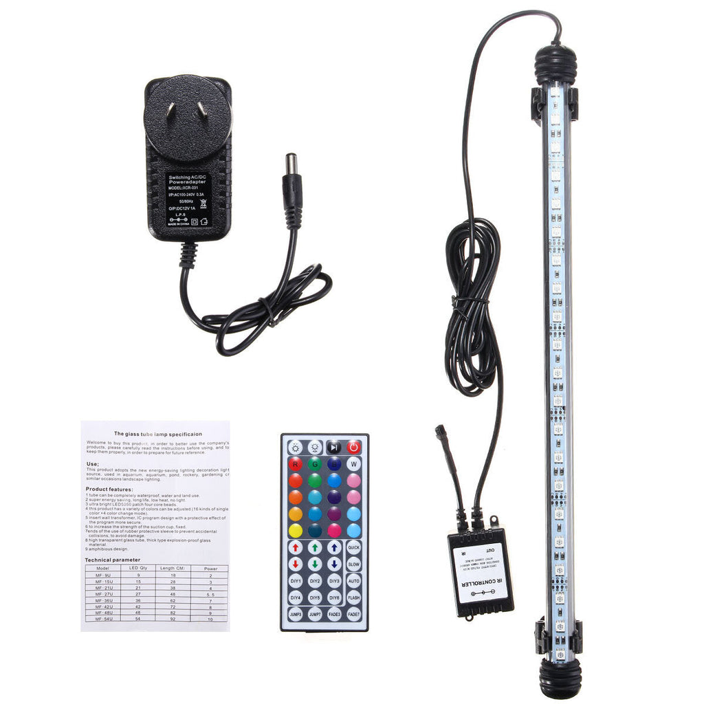 38CM 5.9W RGB LED Aquarium Fish Tank Light SMD5050 Color Changing Bar Submersible Lamp + Remote Control AC110-240V
