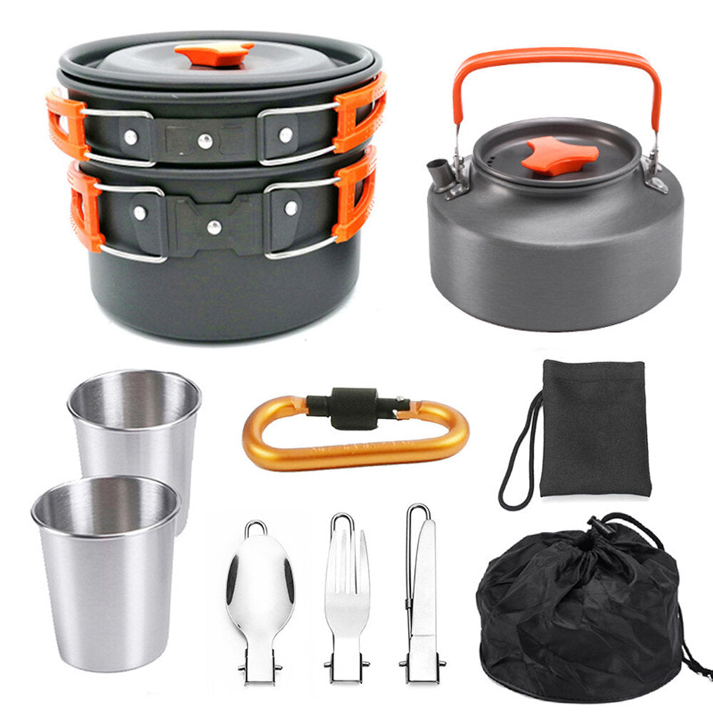 10 PCS 2-3 Person Camping Cookware Set Outdoor Tableware Kit With 800ML Teapot/Cooking Pot/Frying Pan