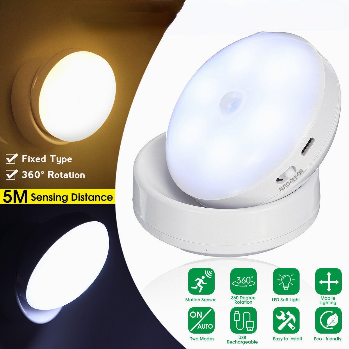 360 Degree Rotation LED Motion Sensor Night Light USB Rechargeable Lamp with Magnetic Base