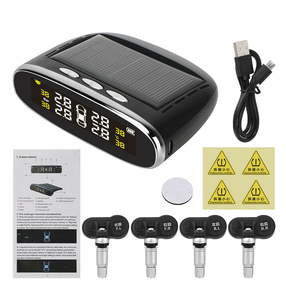 Solar Power TPMS Temperature Alert LCD Display Car Tire Pressure Alarm Monitor System With 4 Internal/External Sensor