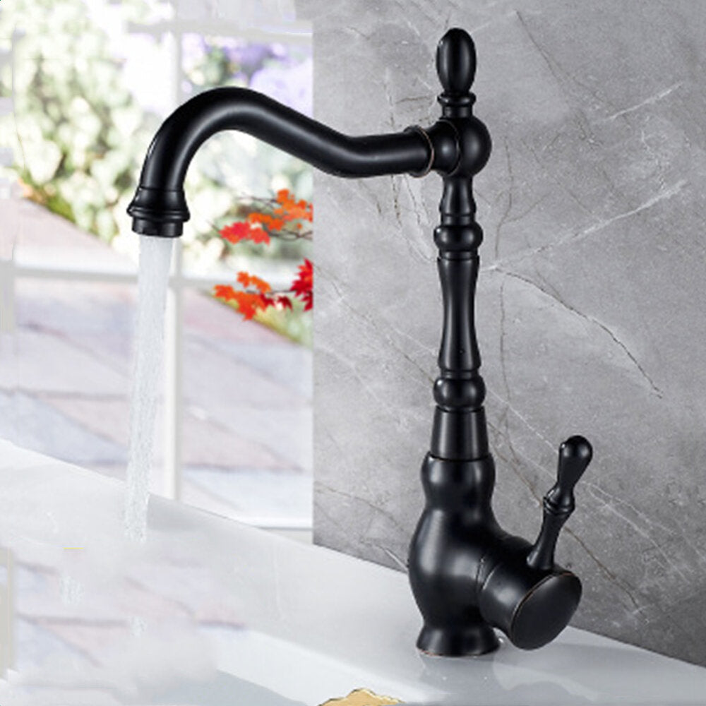 Kitchen Faucet Black Bronze Brass Antique Hot And Cold Mixer Crane Deck Mount Tap