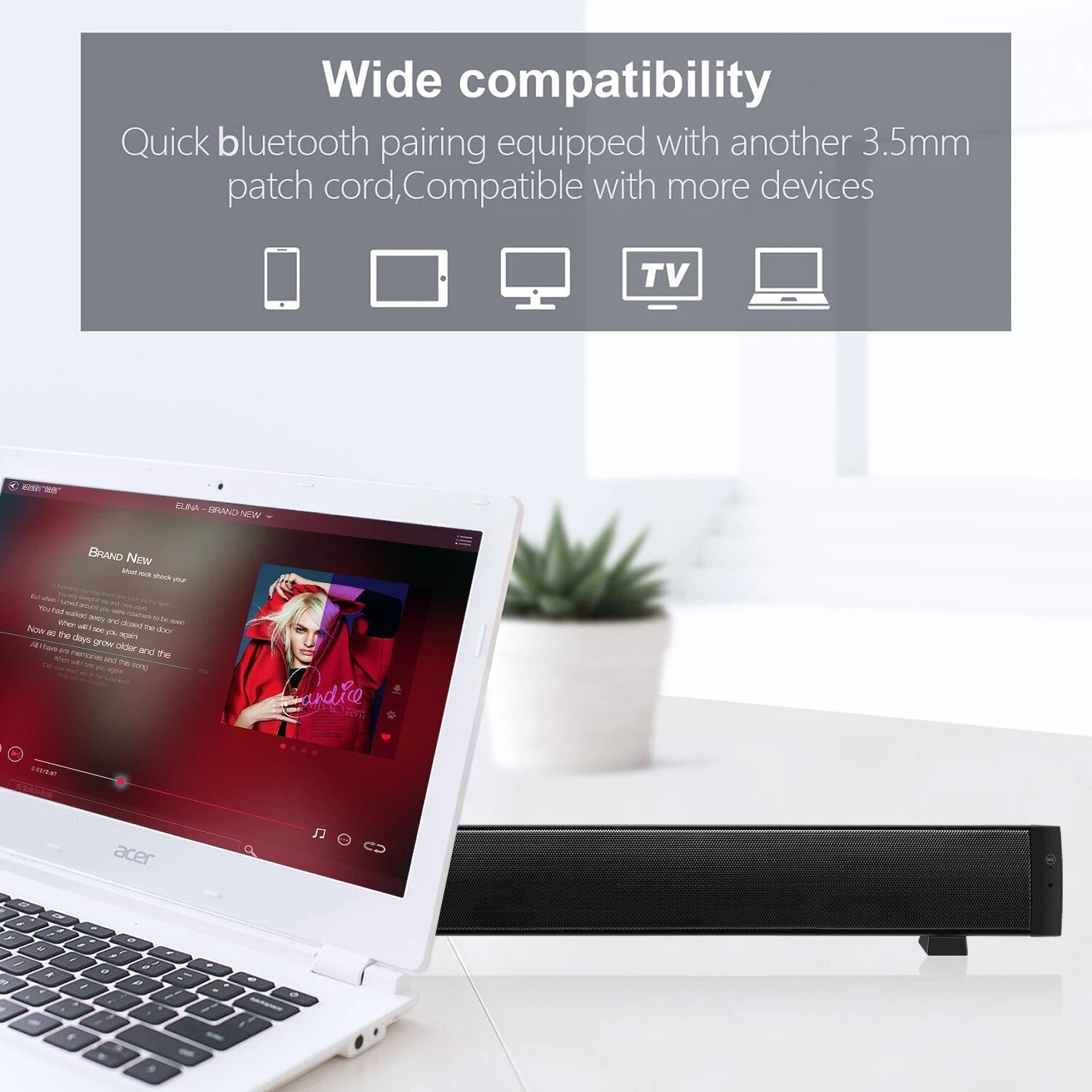 Bluetooth 5.0 Soundbar Wireless Speakers Hi-Fi 3D Stereo Support AUX/TF Card with HD Mic