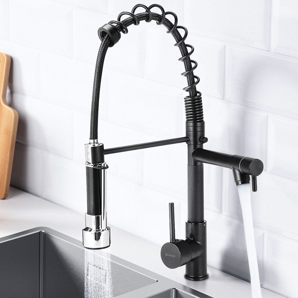 Spring Kitchen Sink Faucet Modern Single Handle With Pull Down Sprayer Hot Cold Water Mixer Faucet Black