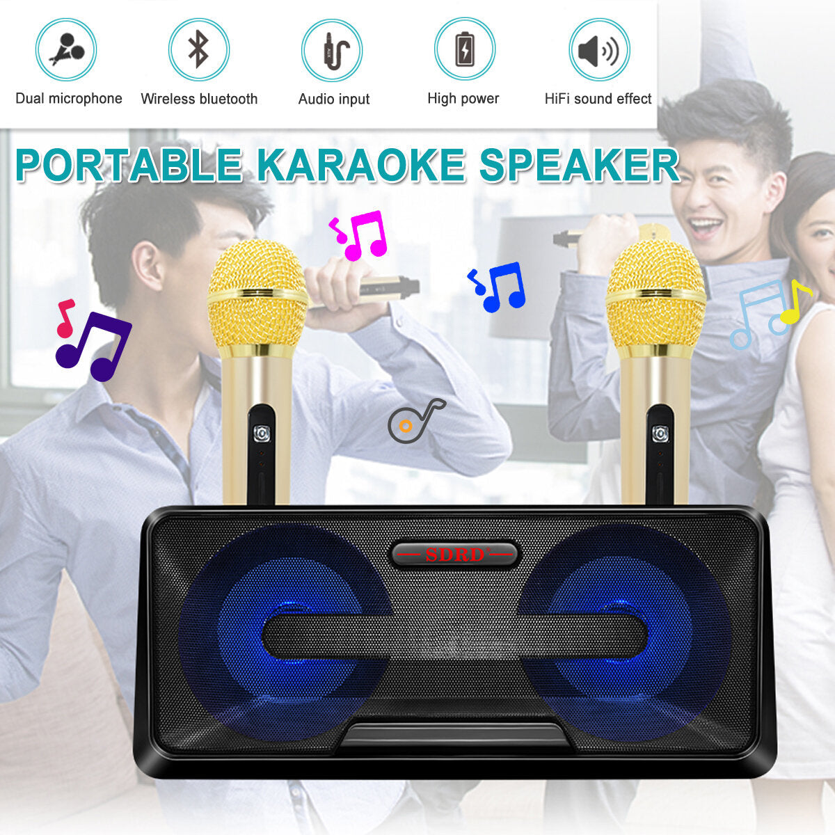 Bluetooth Speaker with Two Wireless Microphone Mobile Wireless Karaoke Speaker Wireless Stereo Party Super Speaker Box