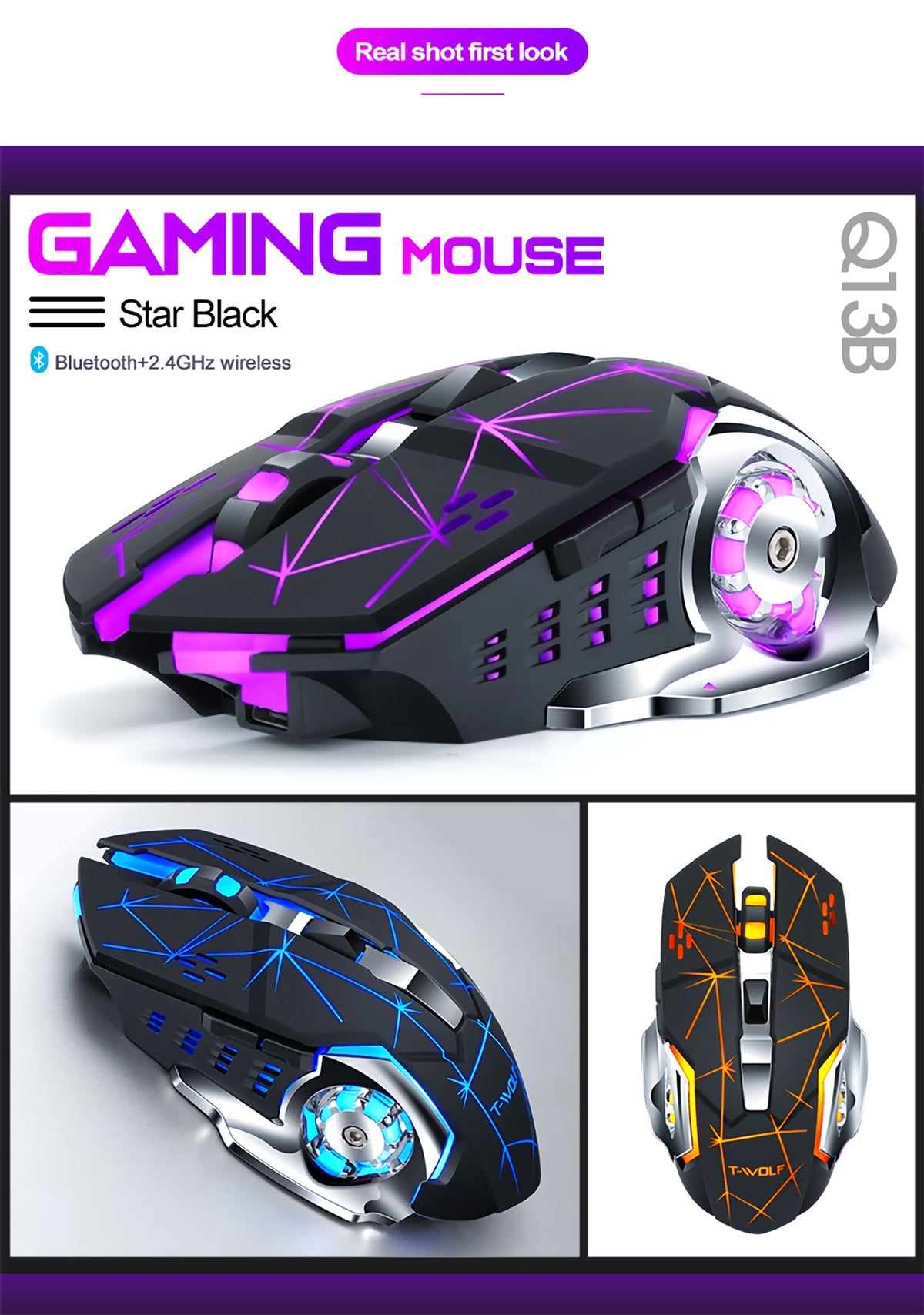 Wireless Rechargeable Mouse 2400DPI Bluetooth5.0+2.4G Dual Mode 4 Buttons Home Office Mouse with LED Backlit for Laptop PC Notebooks