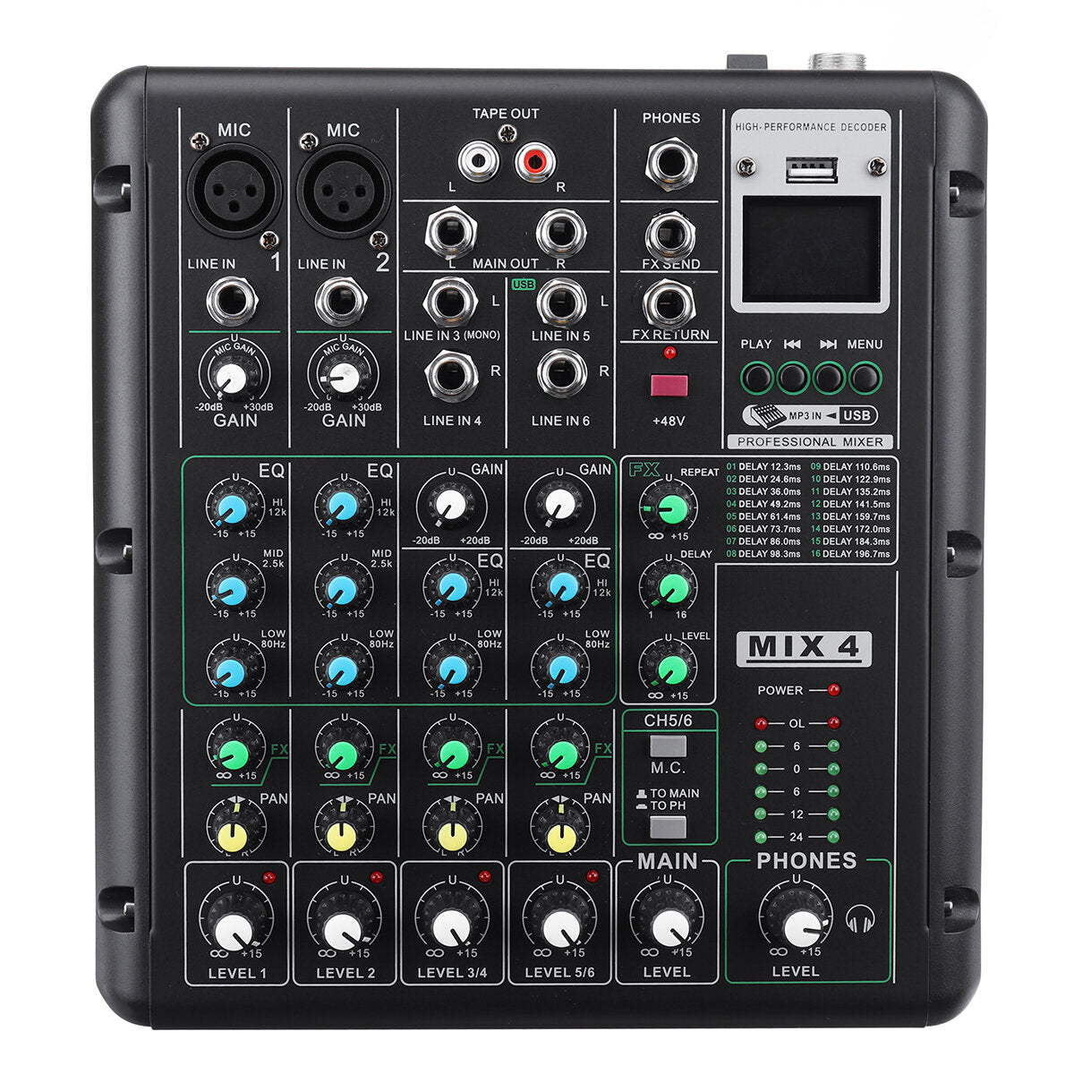 6 Channel Bluetooth DJ HD Mic Audio Mixer Control LED Digital Display Music Stream with USB Interface