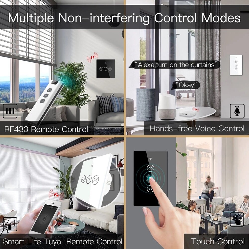 433MHz Smart Touch Curtain Switch Roller Blinds Shutter Wireless Control Relay Status Works with Alexa Google Home