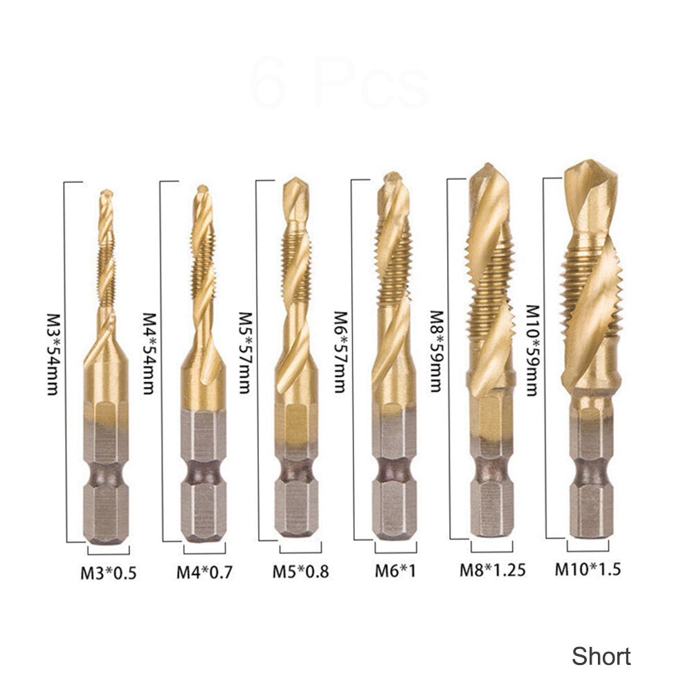6Pcs 1/4 Inch M3-M10 Screw Tap HSS Combination Drill Tap Bit Set Hex Shank Deburr Countersink Bits