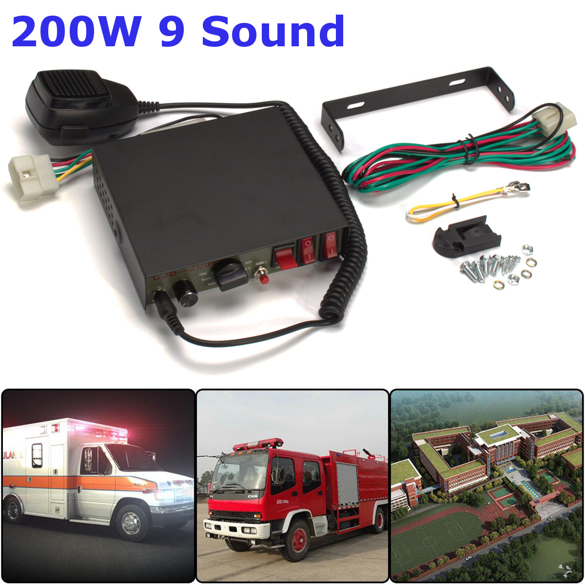 200W 9-Sound Tones Car Truck Warning Alarm Police Siren Horn Speaker MIC System
